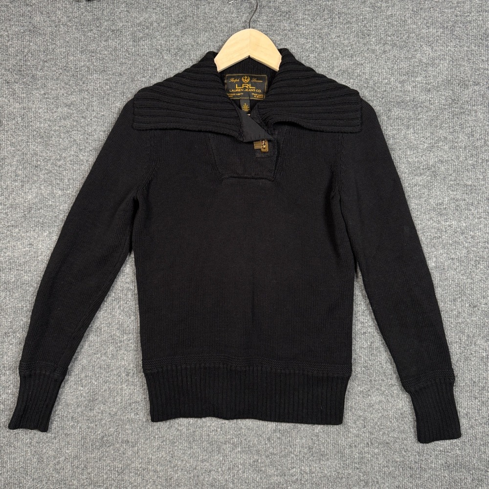 LRL Lauren Jeans Co Small Sweater Black Wide Rib Collar Minimalist Gold Button